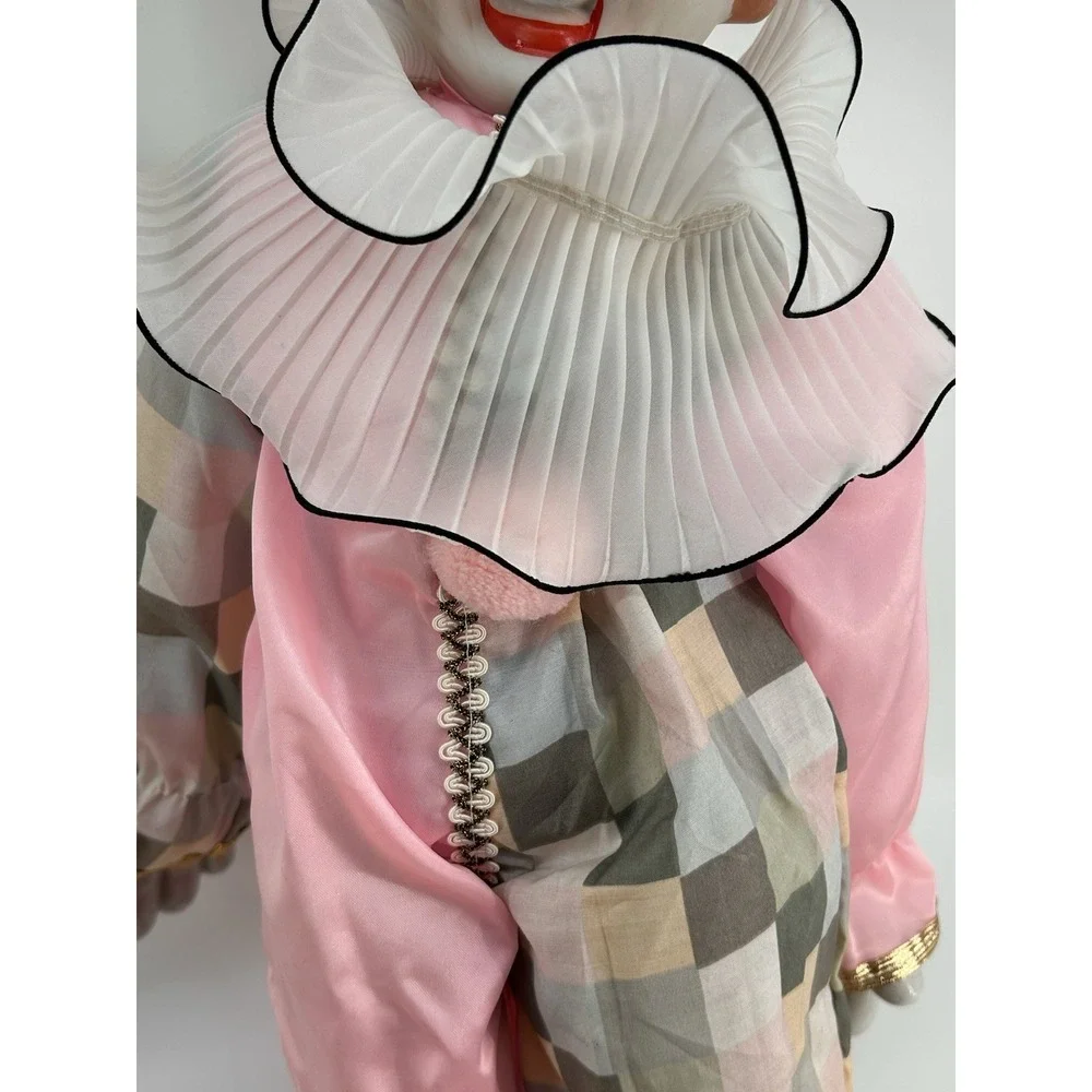 Vintage 80s Dynasty Porcelain Clown Doll‎ Pink with Sage Checkers